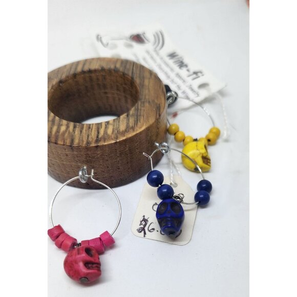 Skull Colorful Wine Glass Charms Set - 6  Themed Unique Charms With Beads & Wood - Picture 3 of 14